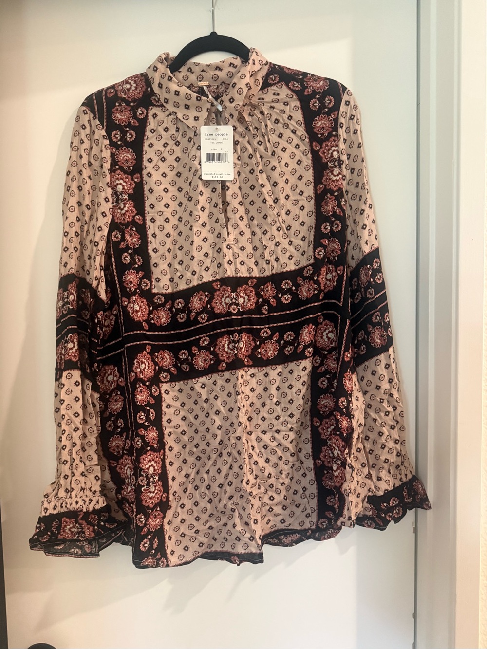 Free People Pink and Black Floral Patchwork Tie-Neck Blouse